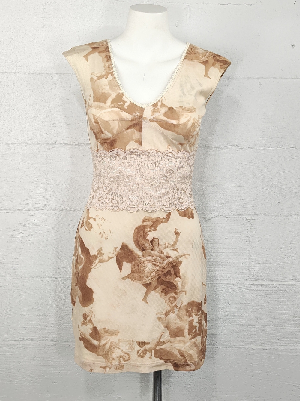 XOXO Vintage Y2K Cream and Brown Printed Lace Waist Mini Dress - Picture 1 of 5